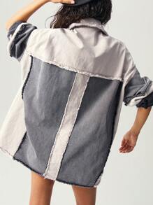 Bohemela Casual Patchwork Contrast Collar Long Sleeve Loose Fit Women Jacket - Black - View 7