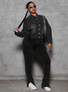 SHEIN ICON Plus Size Plain Color Casual Everyday Denim Jeans - Black - View 7