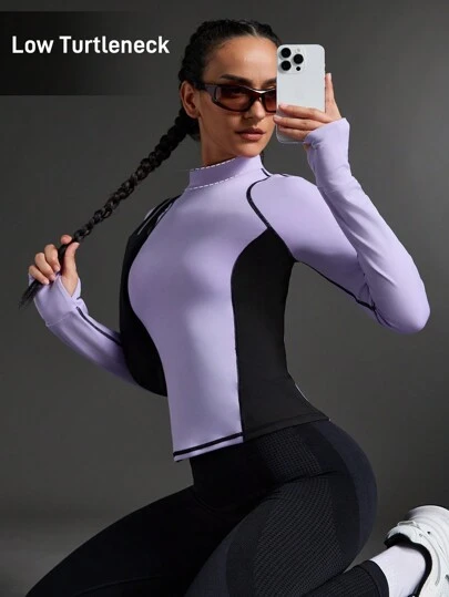 SHEIN Sports 女士户外运动和通勤高弹力亲肤保暖保暖内衬拼色长袖 T 恤