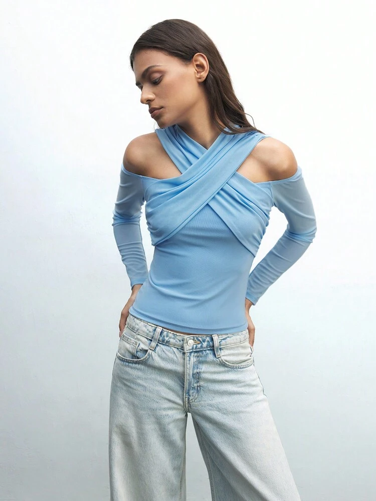 SHEIN Maija Women's Hollow Out Solid Color Cross Ruched Elegant Long Sleeve Blouse, Fashionable For Autumn/Winter