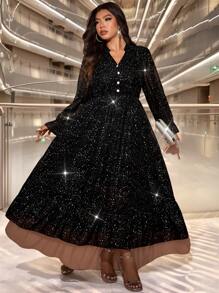 Allurite Đầm buộc eo cổ chữ V họa tiết ngôi sao gợi cảm, sang trọng, lãng mạn kiểu Pháp cỡ lớn - màu đen - Xem 3