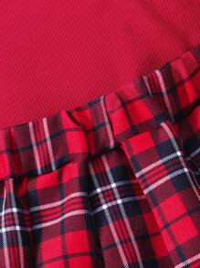 Set de 2 piezas Blusa de manga larga acanalada roja y falda a cuadros rojos para niñas preadolescentes, apto para Navidad - Rojo - Ver 8