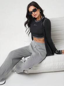 SHEIN EZwear Lässiges, einfarbiges, gerades Strickpullover-Hosen-Set für Damen, Herbst/Winter