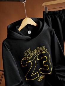 SHEIN Teen Boys 2pcs Athletic Casual Comfortable Versatile Warm Letter Print Hooded Sweatshirt & Sweatpants Set Back To School Clothes Fall Outfits