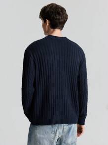 Ontre Men's Spring Navy Blue Round Neck Textured Twisted Rope Pullover Sweater, Loose Casual Versatile Suitable For New Year Party - Navy Blue - View 2