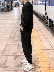 DAZY Men's Letter Print Sweatshirt And Sweatpants Set, Casual - Black - View 3