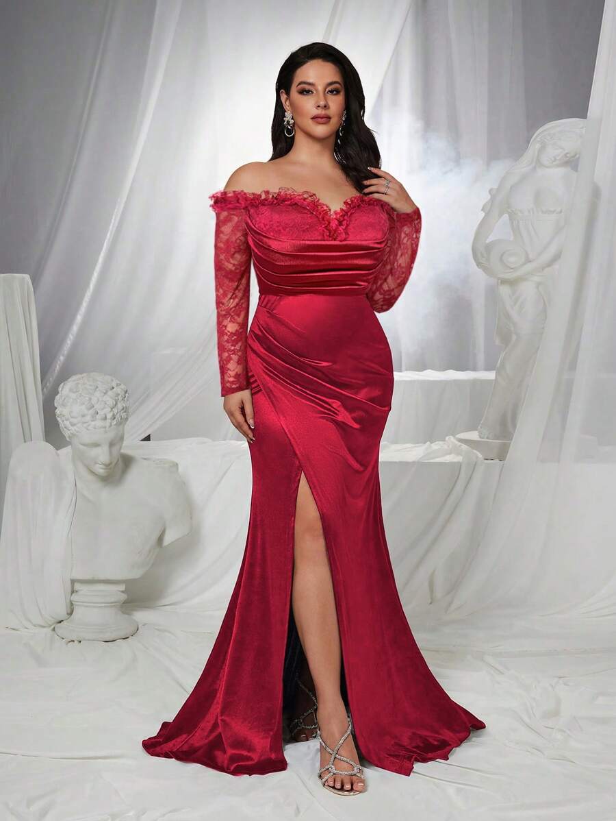 Glamrae Plus Size Black Poppy Inspired Open Shoulder Sexy Lace Patchwork Stretch Satin High Slit Trailing Formal Dress - Burgundy - View 1