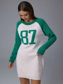 Flirla Women's Solid Color Patchwork Round Neck Long Sleeve Minimalist Casual Knit Sweater Dress With Digit Pattern Details