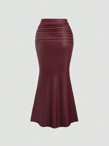 Sweetra Váy Maxi xếp ly dài màu trơn dành cho nữ màu đỏ tía - Màu Đỏ Sâu - Xem 2