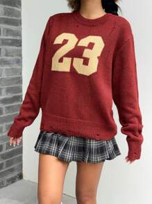 SHEIN Unity Áo len dệt kim cổ tròn tay dài họa tiết số rách thường ngày cho nữ thu đông - Nhiều màu - Xem 4