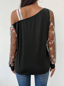 SHEIN LUNE 女士春夏季花卉刺繡不對稱網紗休閒上衣 - 黑色 - 查看 2
