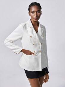 Chiquease Áo khoác vải tuýt hai hàng khuy thanh lịch dành cho nữ - trắng - Xem 3