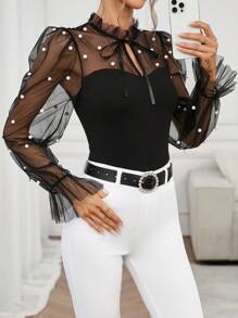 Editum Áo cánh tay dài màu đen viền bèo nhún lãng mạn thanh lịch dành cho nữ, ngày lễ tình nhân - màu đen - Xem 6