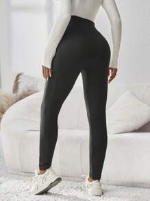 SHEIN 纯色口袋装饰舒适孕妇紧身裤，适合居家和户外休闲穿着 - 黑色 - 查看 3