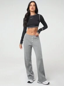 SHEIN EZwear Lässiges, einfarbiges, gerades Strickpullover-Hosen-Set für Damen, Herbst/Winter