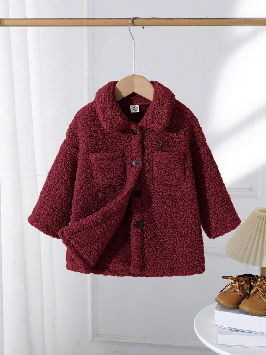 SHEIN Baby Girl Plush Turndown Collar Mid-Length Winter Coat, Warm And Cute - Burgundy - View 1