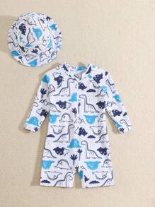 SHEIN 男婴泳衣，可爱卡通恐龙印花长袖泳衣带太阳帽，适合夏季度假、海滩、冲浪、水上乐园 - 彩色 - 查看 2