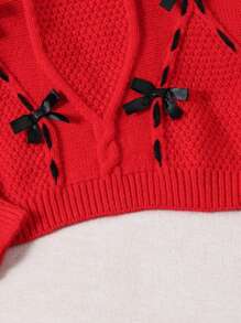 SHEIN Moda para meninas pré-adolescentes, suéter com capuz solto vermelho com laço 3D preto e padrão de linha, outono/inverno