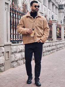 Manfinity Homme Áo khoác nam tay dài cài nút phía trước màu trơn, thường ngày, thu/đông, cỡ lớn - Đồng - Xem 4