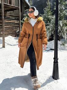 SHEIN EZwear Áo khoác parka dài lót lông cổ điển có mũ trùm đầu cỡ lớn cho nữ, quần áo mùa đông - màu nâu - Xem 2