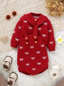 2pcs/Set Baby Girls' White Peter Pan Collar Long Sleeve Jacket, Suspender Romper, Cardigan Jumpsuit Set - Red - View 4