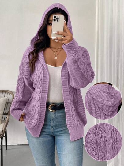 Vionelle Cardigan Casual com Capuz de Manga Longa e Ombros Caídos, Cor Sólida, Plus Size Feminino, Outono/Inverno