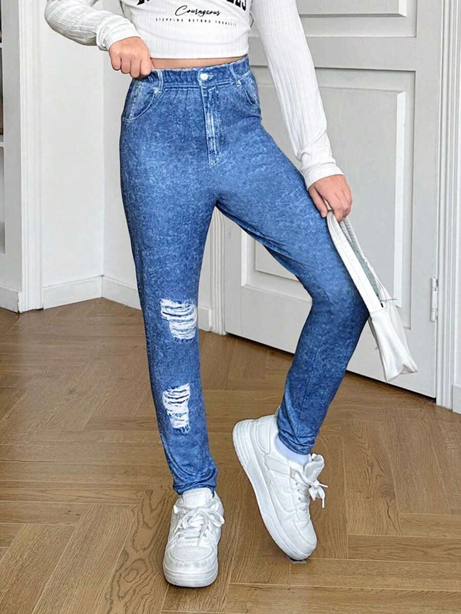 SHEIN Tween Girls Slim Fit Casual Jegging Pants - Blue - View 1