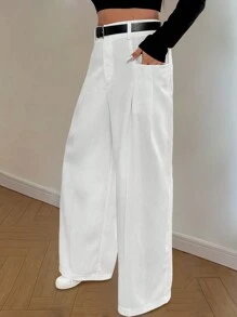 Calvaya Pantalones de corte holgado con diseño de solapas y bolsillos en unicolor, talla grande - Blanco - Ver 8