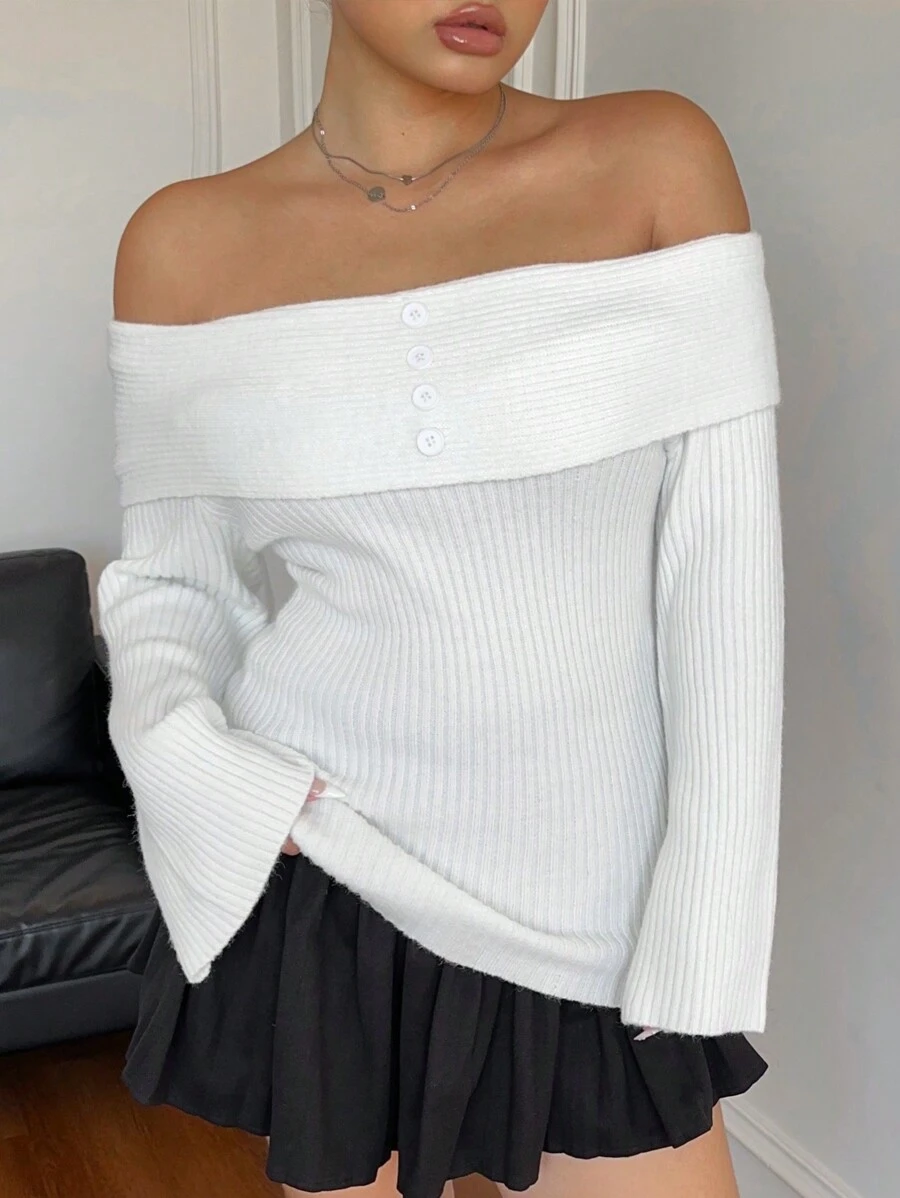 Flirla Plus Size Women Off-Shoulder Ribbed Knit Sweater, Elegant Long Sleeve Fitted Fall/Winter Pullover Knit Pullover - White - View 1