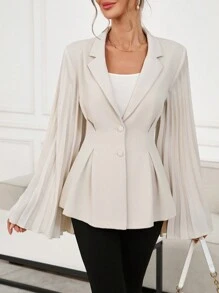 SHEIN Clasi Elegant Winter Women's Apricot Pleated Long Sleeved Flip Collar Waist Suit Jacket