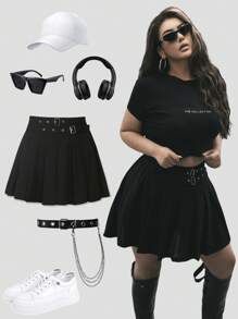 Flirla Falda plisada de línea A de unicolor y minimalista en talla grande, para uso casual diario - Negro - Ver 1