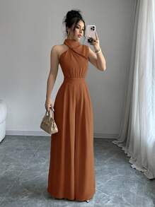 Firerie 女士杏色高领无袖阔腿连体裤 - 棕色 - 查看 4