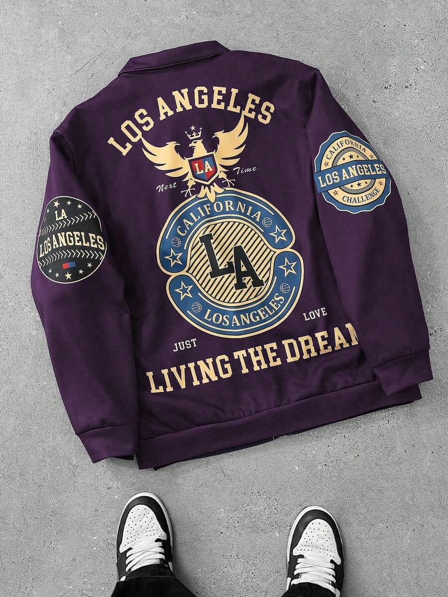 Aesthetic Post--Men's Front Zip-Up Letter Print Casual Lightweight Jacket - Purple - View 1