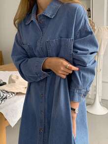 DAZY 纯色双口袋开衩下摆牛仔连衣裙，秋装