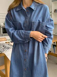 DAZY 纯色双口袋开衩下摆牛仔连衣裙，秋装