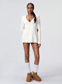 TRNVIE Top casual de mujer de manga larga con cuello en V de unicolor, para uso diario