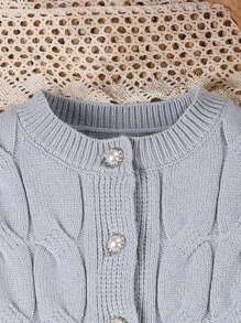 SHEIN Young Girl's Cable Knit Long Sleeve Button-Up Cardigan Set, Casual School Uniform For Autumn, Suitable For Home, Outing, Gathering, And Back To School - Grey - View 6