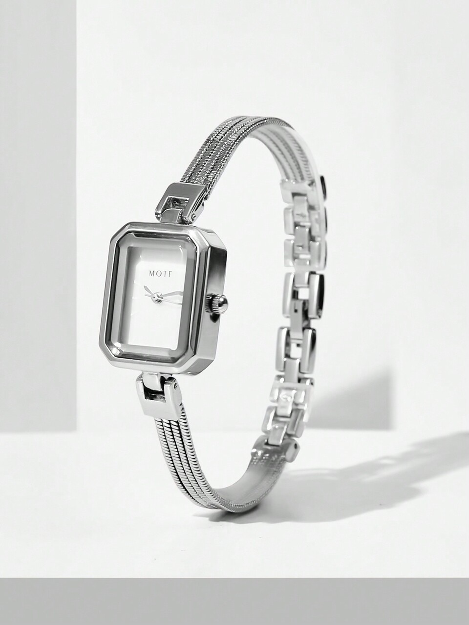 WOMEN FASHION PEARL FACE SQUARE SHAPE SILVER BRACELET WATCH