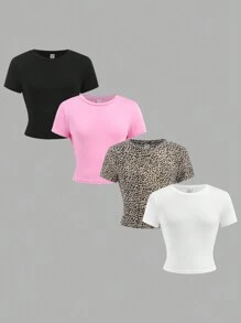 4pcs/Set Tween Girl Casual Round Neck Raglan Sleeve Leopard Print Fitted T-Shirt & Solid Color Knitted T-Shirt, Suitable For Spring & Summer, School, Campus, College - Multicolor - View 1