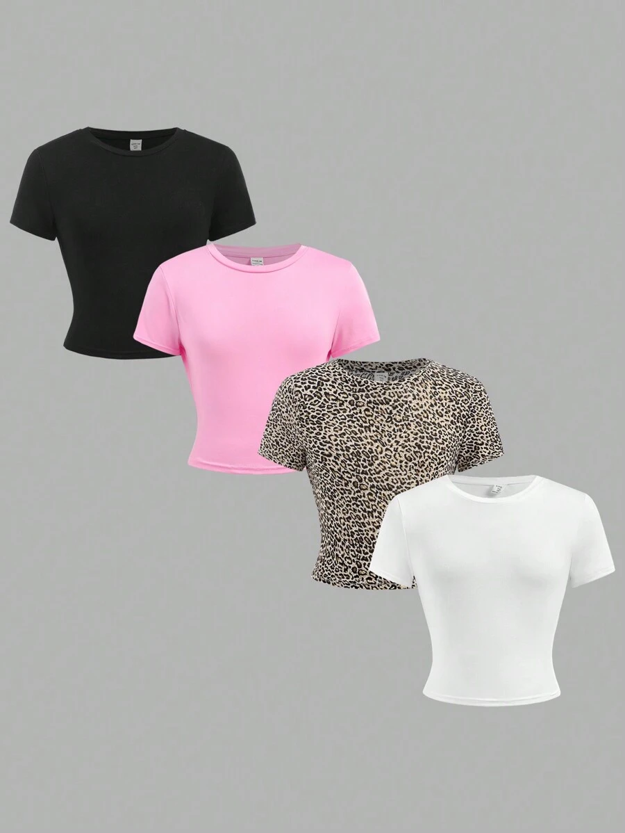 4pcs/Set Tween Girl Casual Round Neck Raglan Sleeve Leopard Print Fitted T-Shirt & Solid Color Knitted T-Shirt, Suitable For Spring & Summer, School, Campus, College - Multicolor - View 1