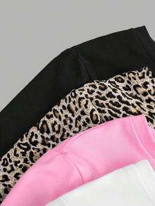 4pcs/Set Tween Girl Casual Round Neck Raglan Sleeve Leopard Print Fitted T-Shirt & Solid Color Knitted T-Shirt, Suitable For Spring & Summer, School, Campus, College - Multicolor - View 6