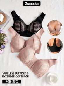 3-Piece Lace Patchwork Wireless Women's Lingerie Set