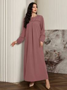 Al Najma Vestido elegante de estilo árabe de unicolor con botones decorados y mangas farola, vestido casual y modesto de túnica maxi de estilo árabe para uso diario casual/en el hogar
