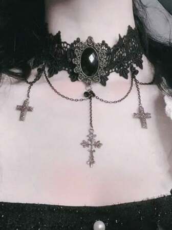 Goth Punk-Style Lace Cross Necklace, Lolita Accessories, Vintage Dark Style Necklace/Choker For Women