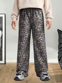 SHEIN Tween Girl Fall/Winter Back To School/Basic Leopard Brown Straight Leg Pants - Brown - View 8