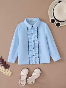 PrepCrw Young Girls Collegiate Style Blue Ruffle Trim Woven Fitted Front Button Blouse, Autumn/Winter - Blue - View 1