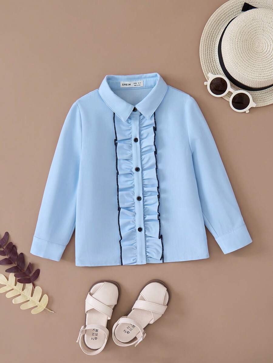 PrepCrw Young Girls Collegiate Style Blue Ruffle Trim Woven Fitted Front Button Blouse, Autumn/Winter - Blue - View 1