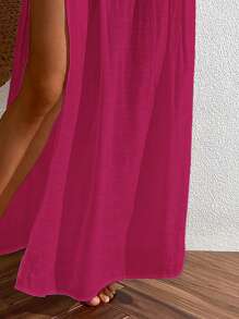 SHEIN Swim 素色高衩沙灘纏腰式半身裙 - 玫紅色 - 查看 5