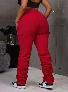 Plus Size Women Red Denim Elastic Personalized Extra Long Harem Pants - Red - View 7