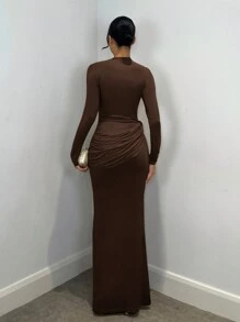 SHEIN BAE 优雅女士长袖连衣裙带金属装饰，日常休闲 / 约会 / 郊游 / 夜店派对 / 聚会装 - 咖啡棕 - 查看 2